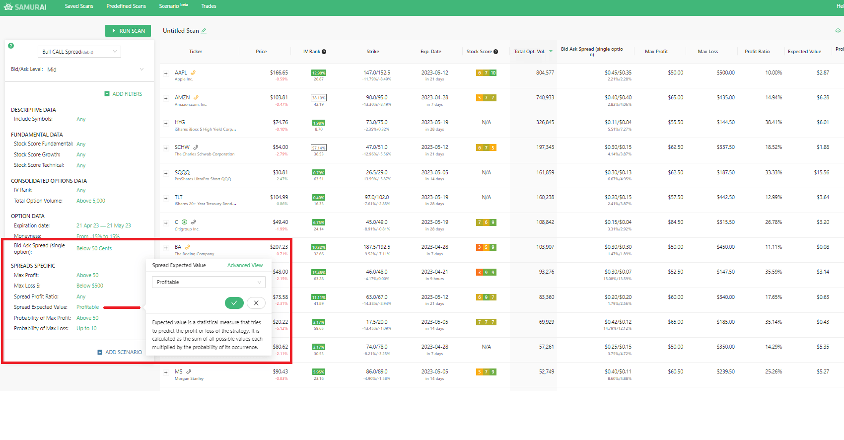 Expected Value filter in a Bull call spread screener
